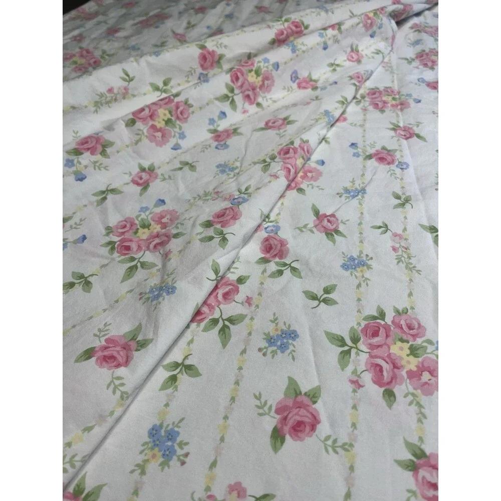 Pottery Barn White Pink Rose Floral Twin Flat Sheet